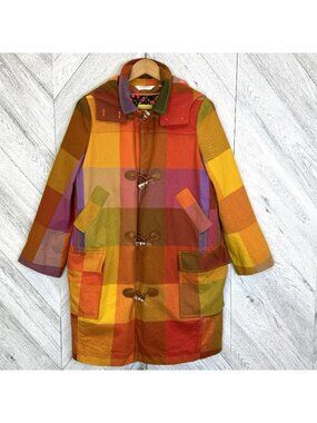 VTG Liz Claiborne Plaid Trench Coat Hood Toggle Womens Medium Petite Multi-Color